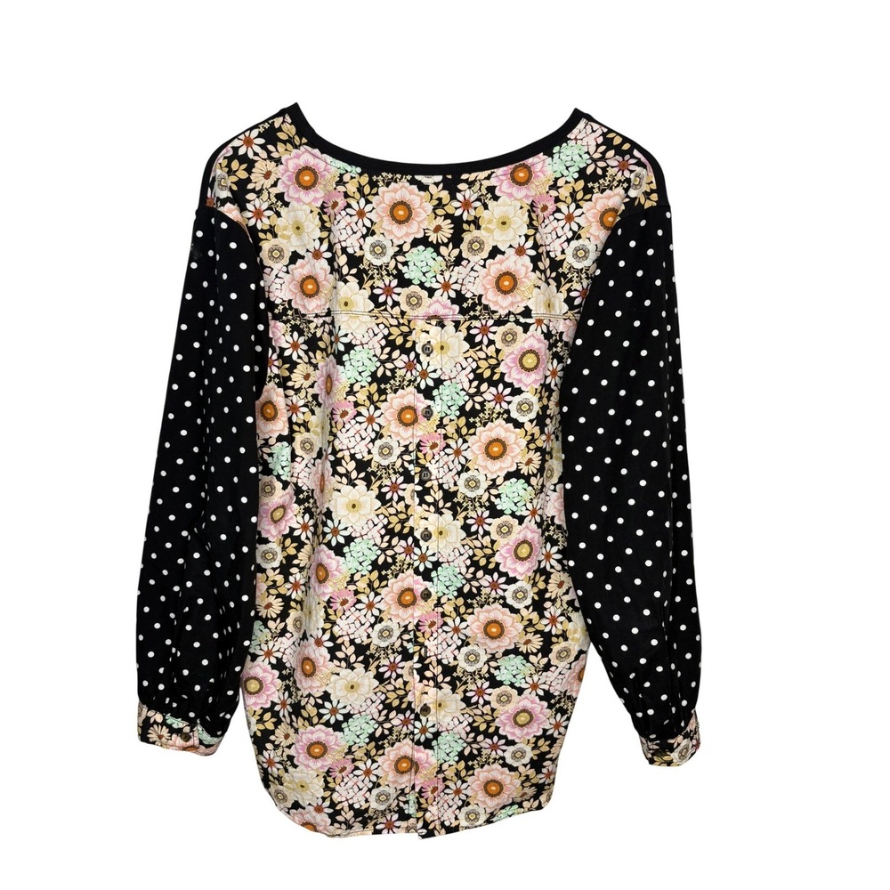 Maeve Anthropologie Mixed Print Top Small Black Floral Polka Dot Button Back - Picture 6 of 13